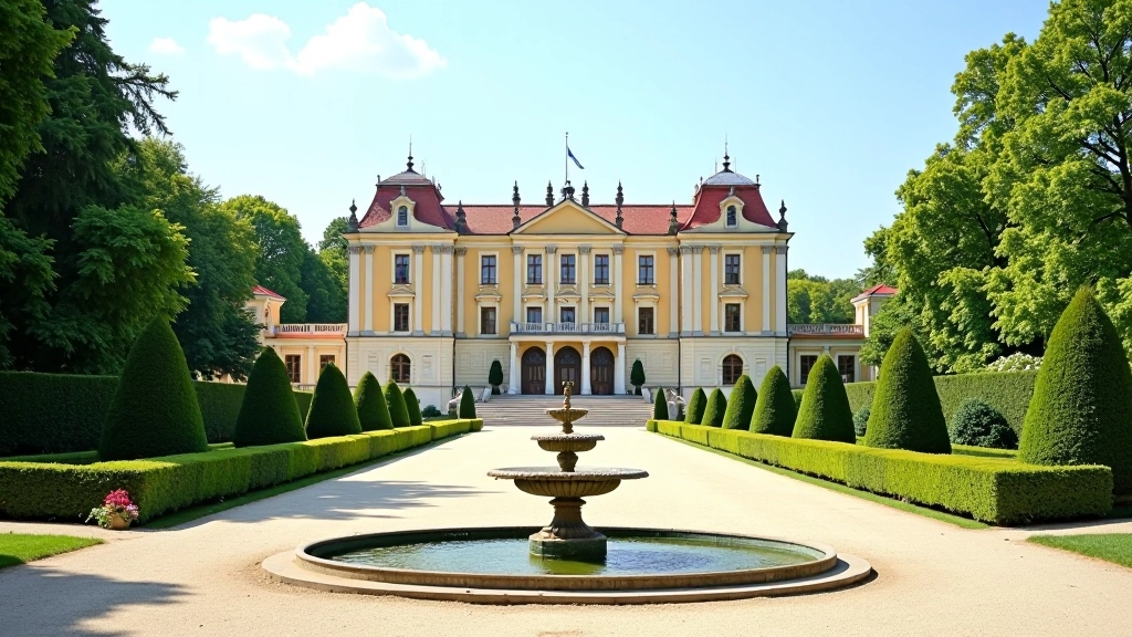 Budynek pałacu Książa w otoczeniu zieleni, fontanna na pierwszym planie, słoneczny dzień