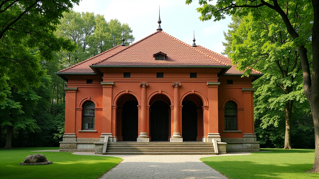 Zabytkowy pawilon w parku Mużakowski z czerwoną cegłą i klasyczną architekturą