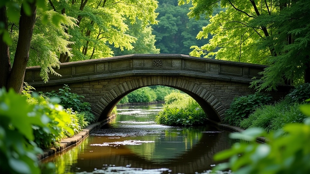 Zabytkowy most kamienny nad potokiem w parku