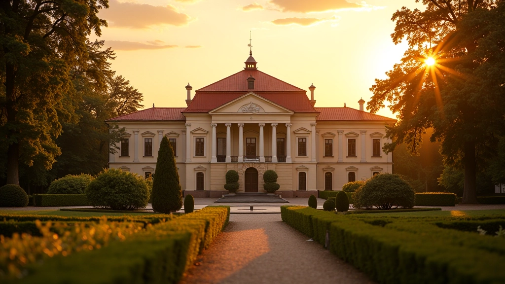 Widok na Pawilon Książa z ogrodów, zachód słońca, ciepłe światło oświetlające fasadę