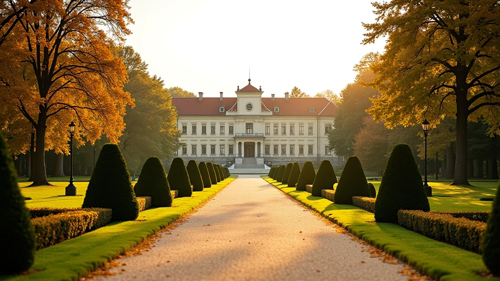 Widok zabytkowego parku pałacowego z allejami i pawilonami