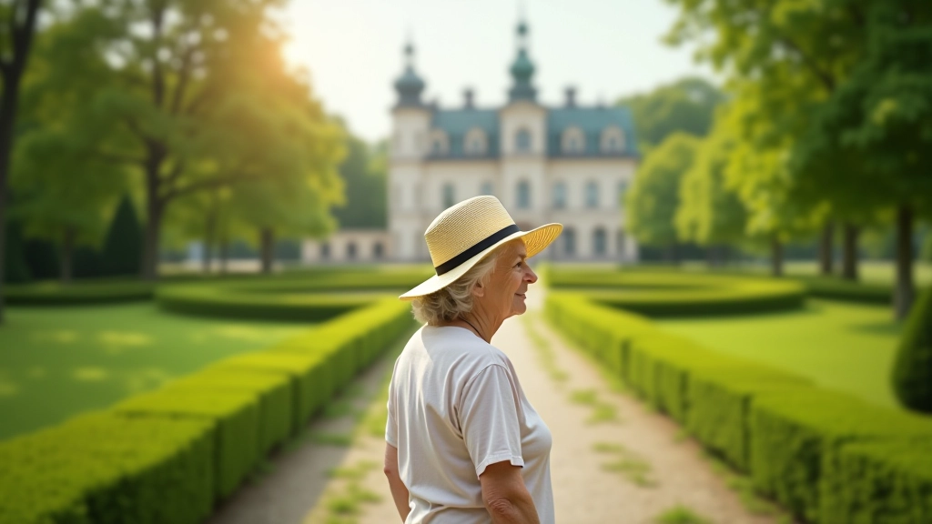 Kobieta w kapeluszu stoi na parkowej ścieżce, wskazując na zabytki architektoniczne w oddali